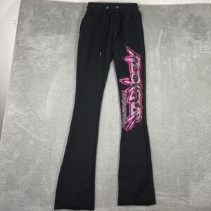 Rockstar Original Flare Sweatpants Women's XS Black Pink Graphic Streetwear Y2K